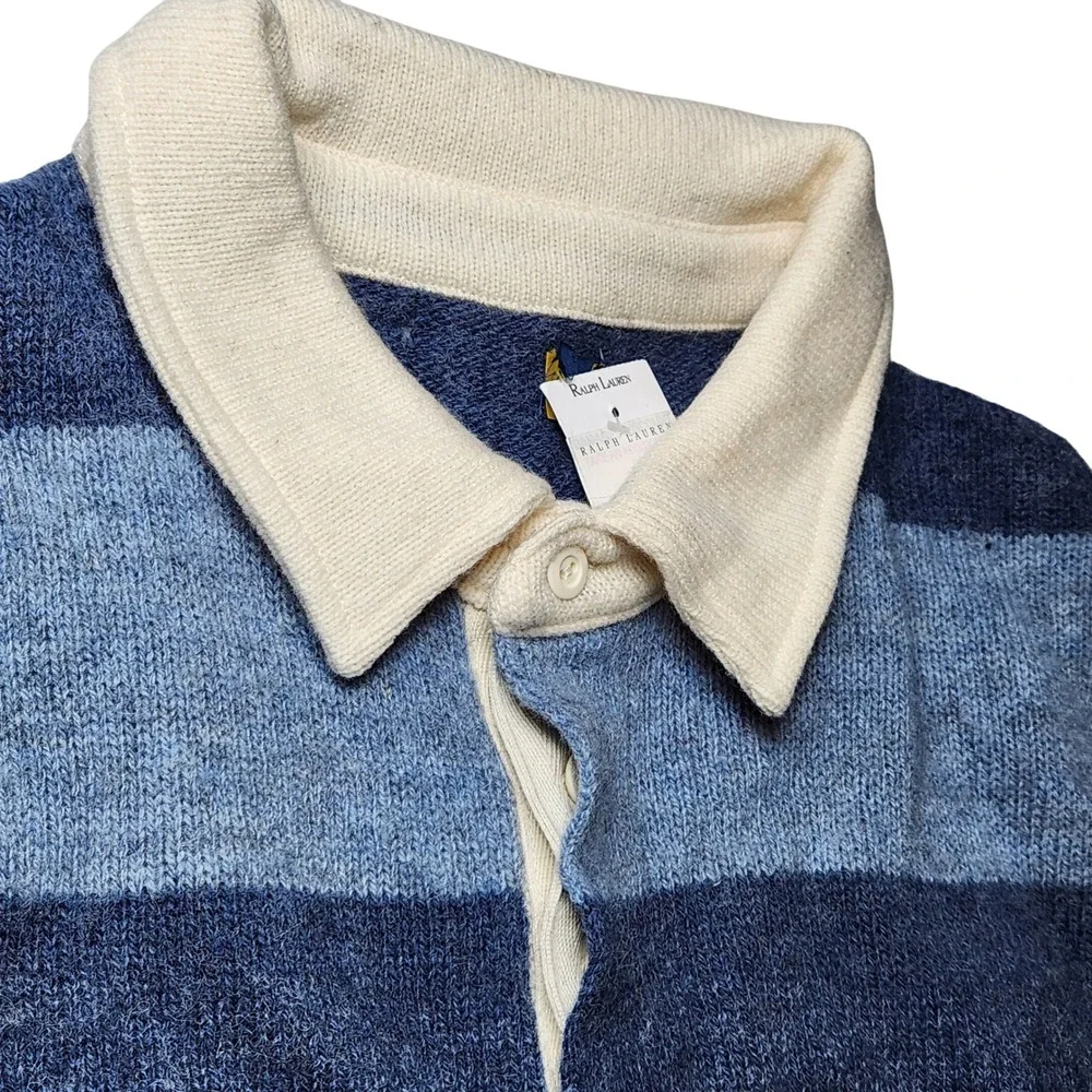 Ralph Lauren Rugby Stripe Sweater Cream Collar Blue Navy Mens XL RARE NWT‎ AS IS